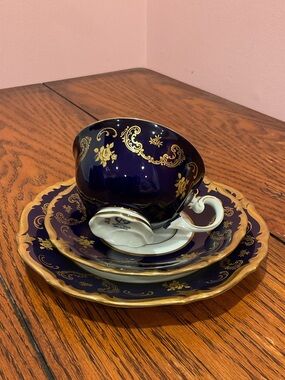 Reichenbach Cobalt & Gold Porcelain Cup Saucer and Dessert Plate Made in Germany